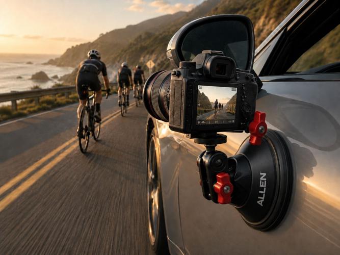 Camera securely mounted to a vehicle while filming a scenic coastal road trip with cyclists traveling nearby.