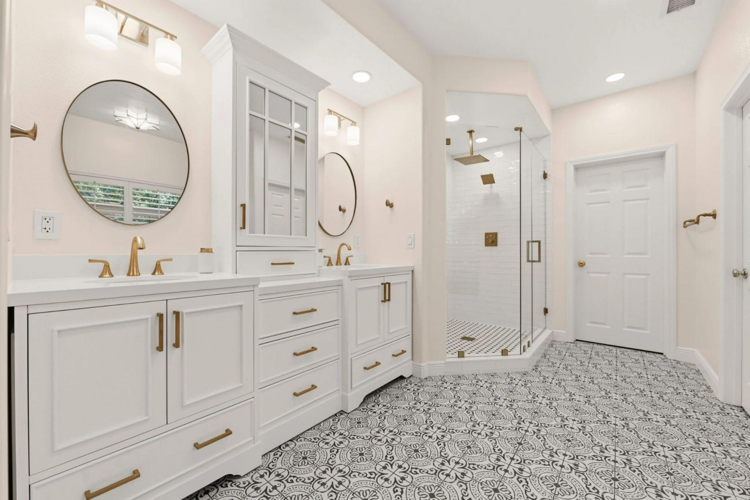 Custom shelving and marble tile - primary bathroom remodel, San Diego