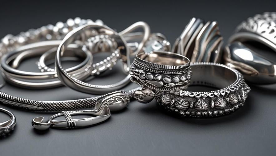 Close-up of assorted 925 silver bangles and rings with intricate engravings and textures displayed on a dark gray surface.