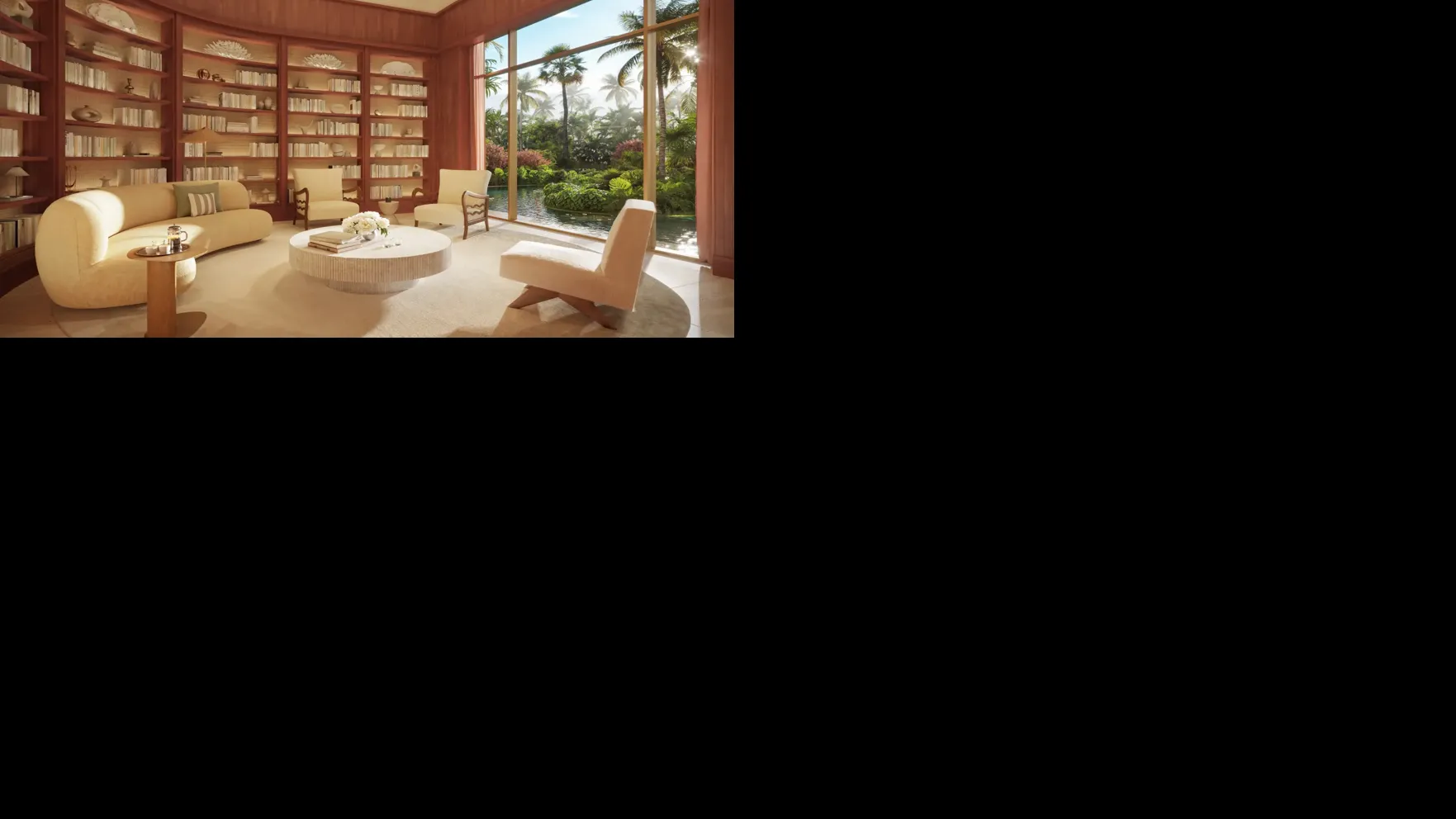 Luxury residential library at Ocean Terrace in Miami Beach with curved shelving, rattan details and garden views