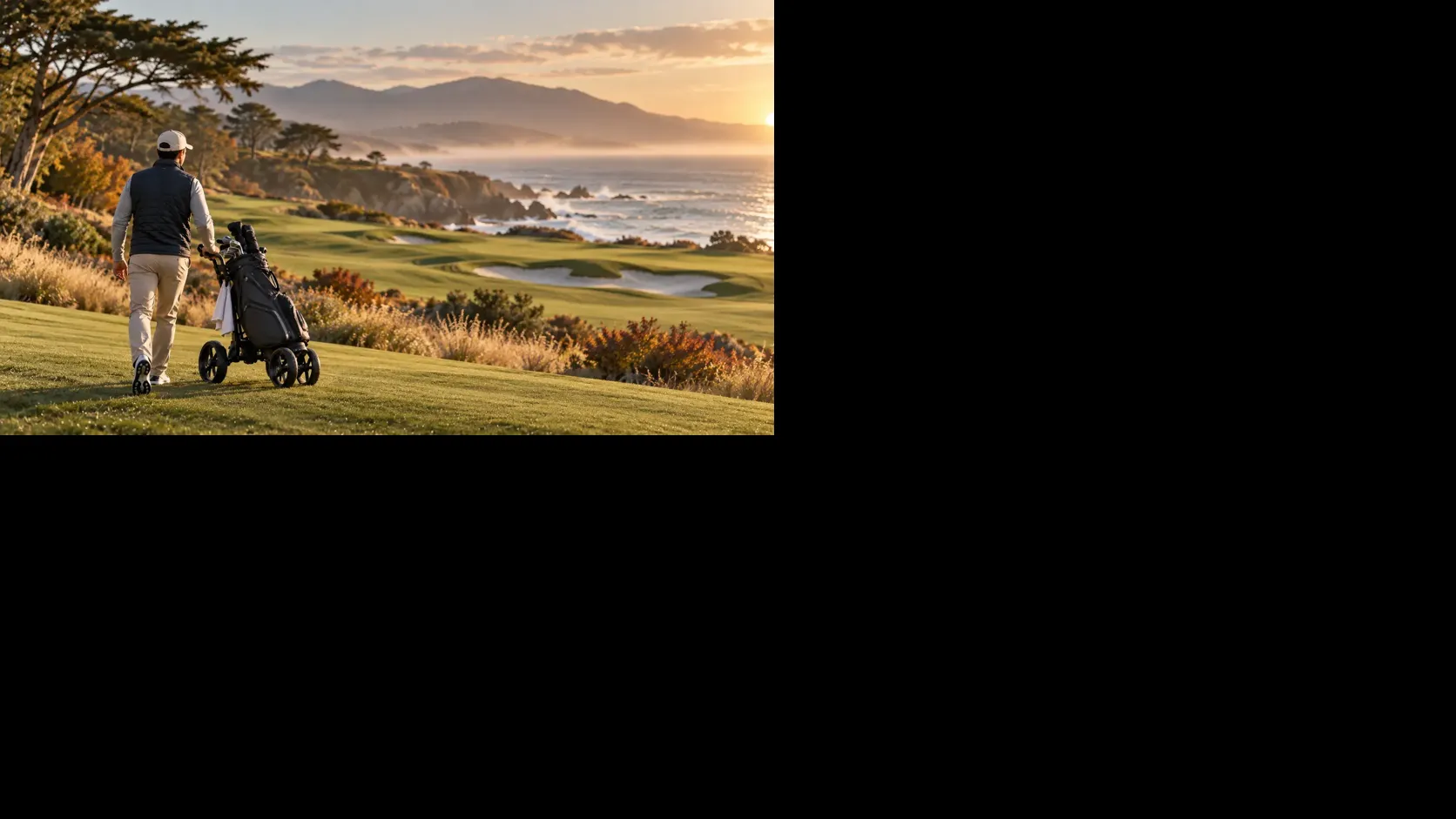 Golfer walking a coastal golf course with a push cart during golden hour in fall.