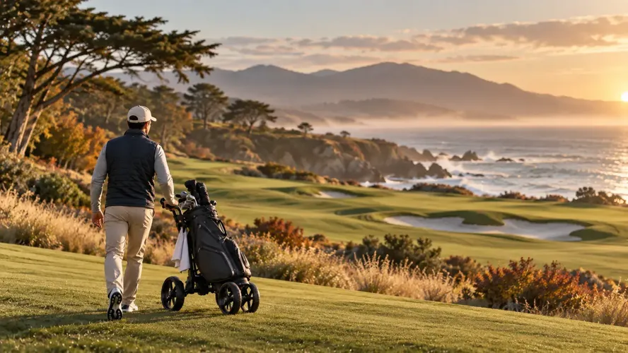 Golfer walking a coastal golf course with a push cart during golden hour in fall.