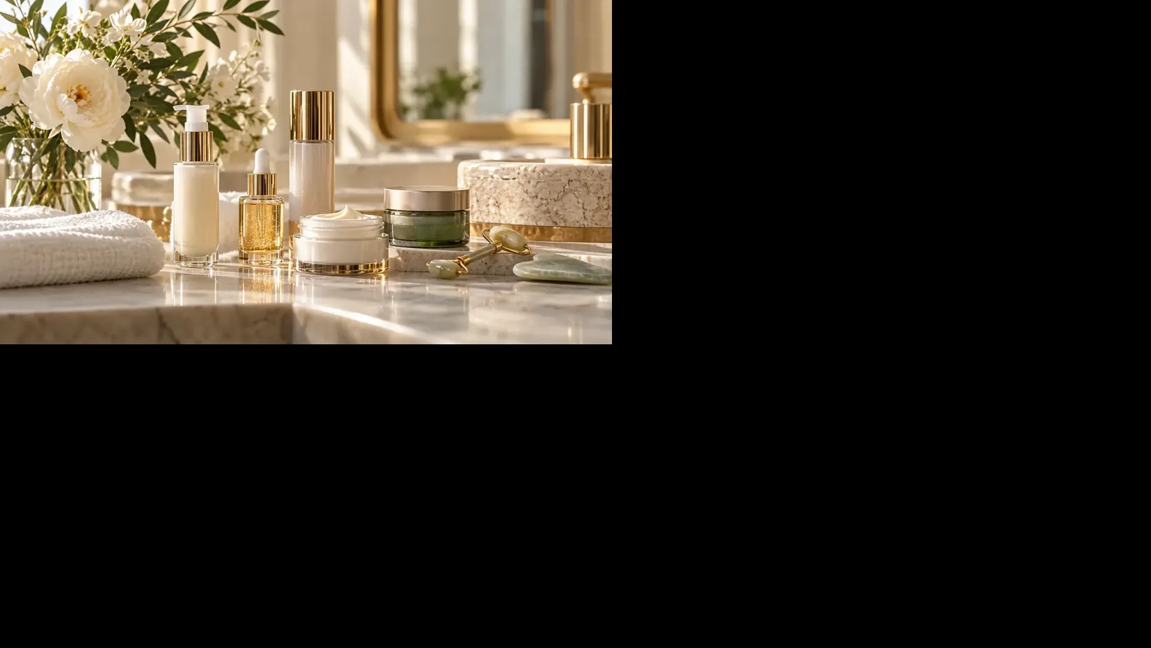 Luxury skincare serums and moisturizers on a marble vanity, illustrating the art of personalized skincare.