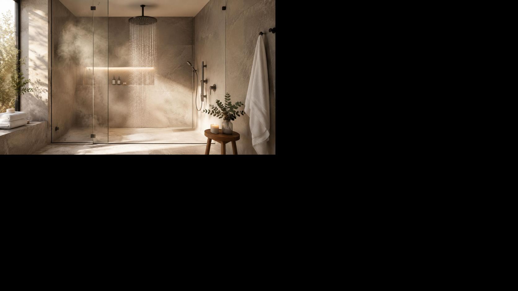 Luxury bathroom with rainfall showerhead, glass shower, neutral tile, and spa-style details.