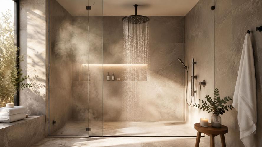 Luxury bathroom with rainfall showerhead, glass shower, neutral tile, and spa-style details.