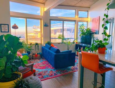 A living room full of colorful pieces