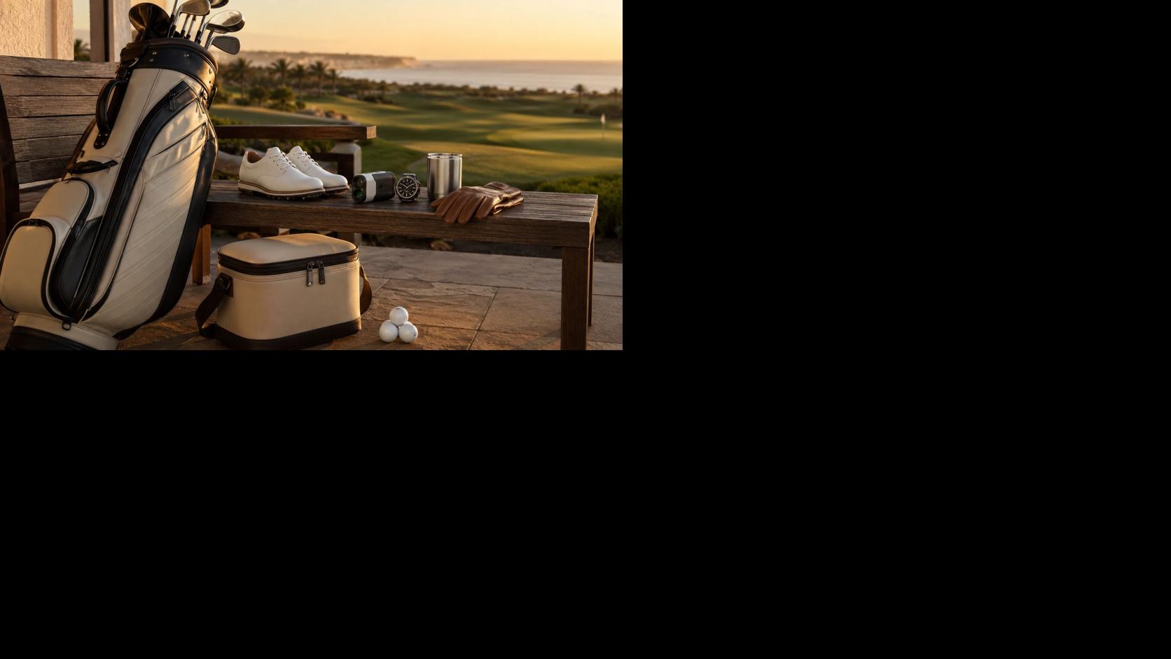 Luxury golf gifts arranged beside a clubhouse bench with golf bag, shoes, rangefinder, watch, golf balls, glove, tumbler, and cooler.