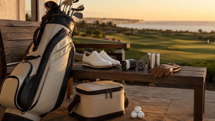 Luxury golf gifts arranged beside a clubhouse bench with golf bag, shoes, rangefinder, watch, golf balls, glove, tumbler, and cooler.