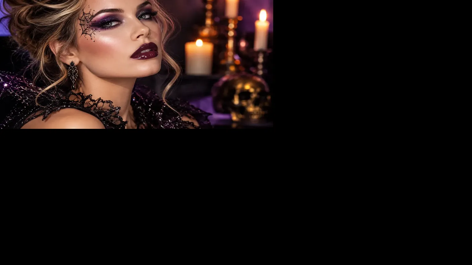 Glamorous Halloween makeup featuring dramatic purple smoky eyes, dark burgundy lipstick, spiderweb eye detailing, and gothic-inspired styling.