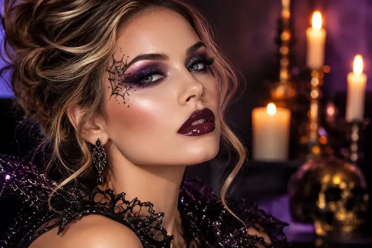 Glamorous Halloween makeup featuring dramatic purple smoky eyes, dark burgundy lipstick, spiderweb eye detailing, and gothic-inspired styling.