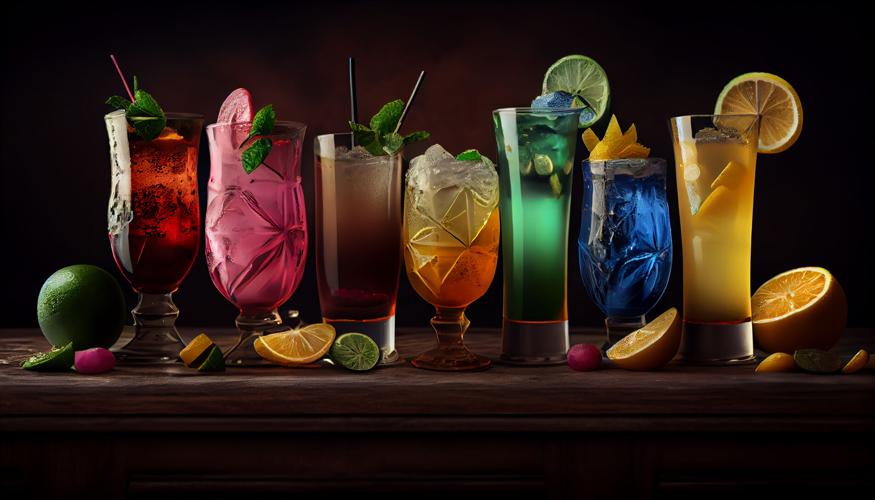 Fresh cocktails on wooden table with leafs , generative artificial intelligence