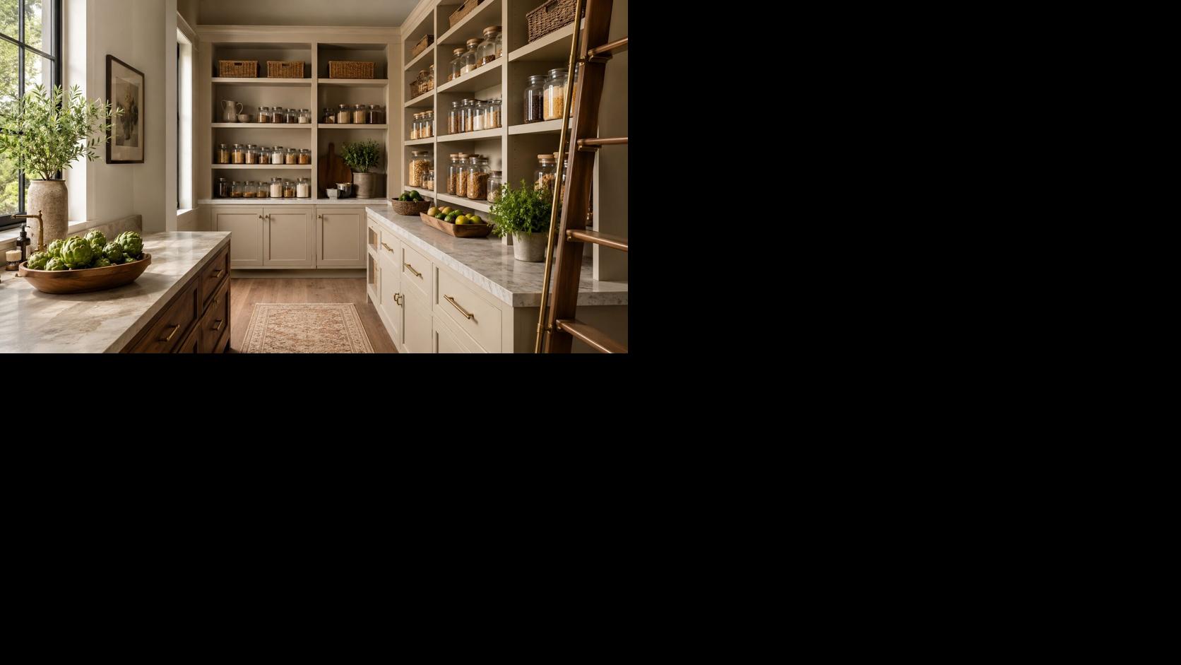 Organized luxury kitchen with open pantry shelving and clear food-storage containers.