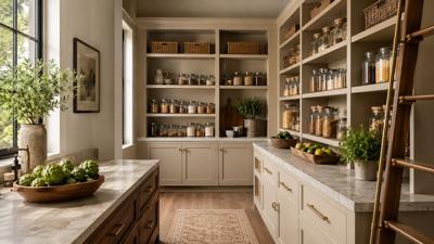 Organized luxury kitchen with open pantry shelving and clear food-storage containers.