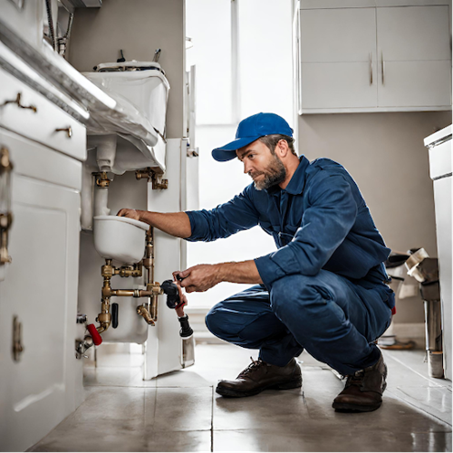Plumber crouches in front of sink to fix septic system