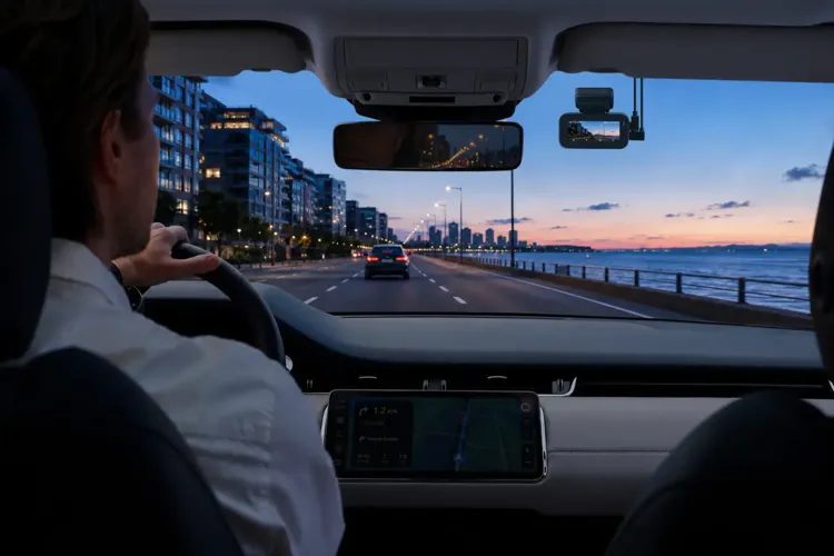 70mai A900 dash camera mounted inside a vehicle overlooking a waterfront road at sunset.