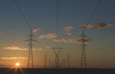 Power lines in the sunset show the extensive power distribution network
