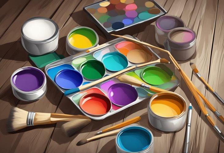 Selection of paints and painting tools for a paint by numbers