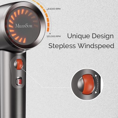 The MelodySusie hair dryer has a unique design with stepless windspeed