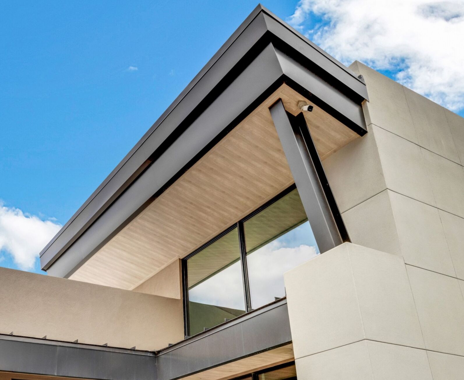 Enhancing Corporate Environments Incorporating Wood Soffits for a Natural Aesthetic