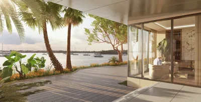 Reading nook inside the waterfront Vista Lounge at Tula Residences in North Bay Village, Miami
