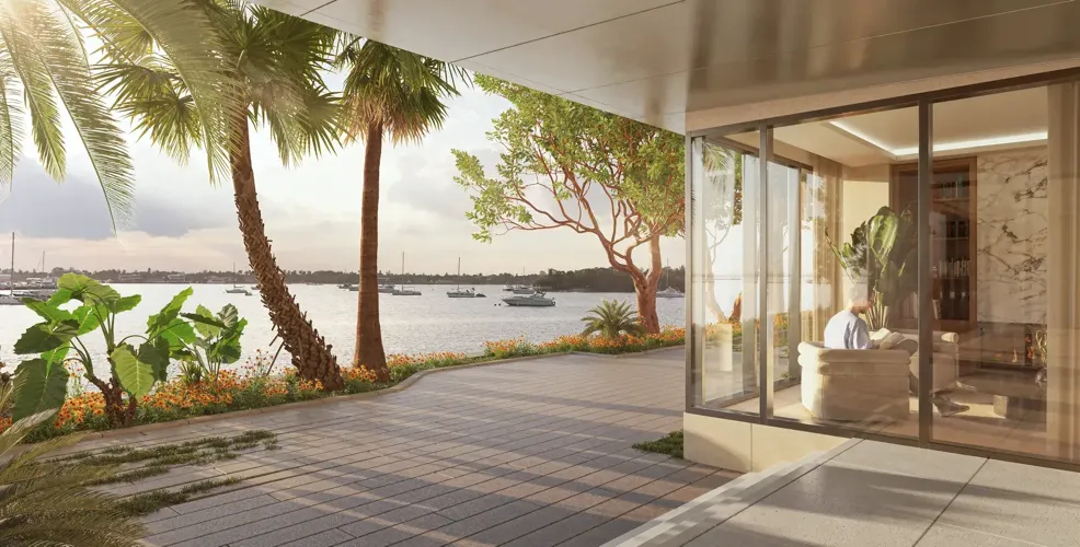 Reading nook inside the waterfront Vista Lounge at Tula Residences in North Bay Village, Miami