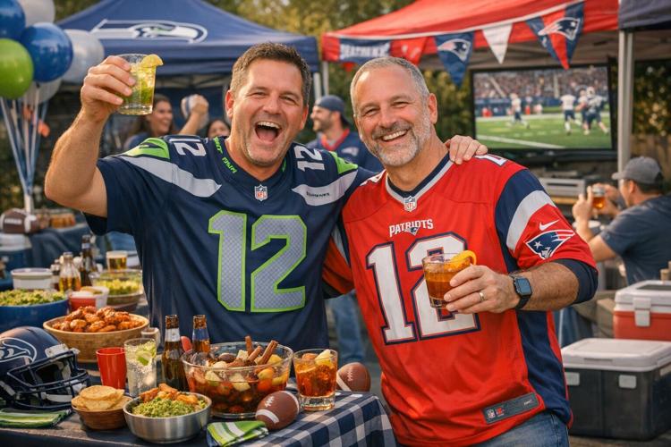 two men on opposing teams at the Super bowl having fun
