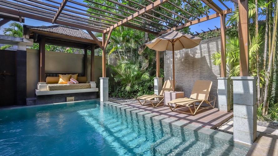 A beautiful backyard pool offers fun and relaxation