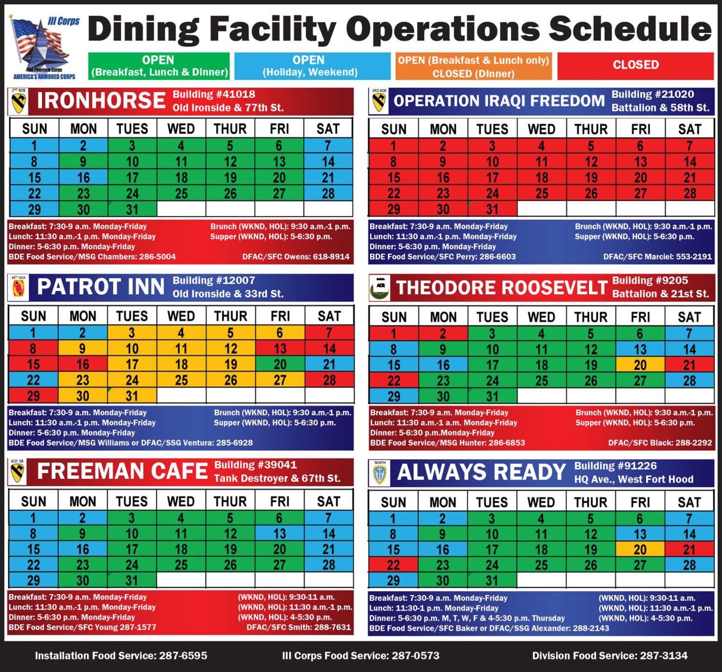 Dining Facility Operations Schedule | Dining Facility