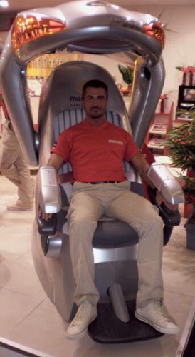 Where have we been? Tanning salons have gone high-tech, featuring  tanning equipment such as this one. Carré Soleil's Florent Lenet showed us how to pull down the top for this machine to tan only your upper body. He showed us another machine that allows yo