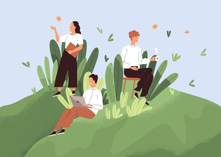 Positive working environment with happy employees concept. Comfortable workplace with good conditions, conducive psychological climate and healthy relations between workers. Flat vector illustration