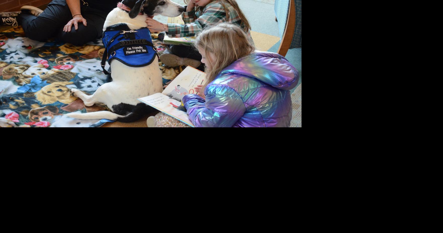 Children practice literacy skills by reading to dogs at library event ...