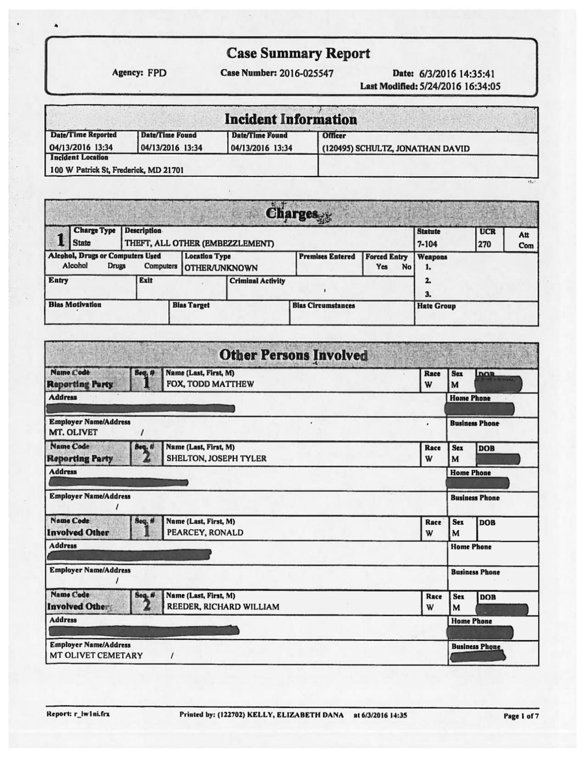 Frederick Police Report On Mount Olivet Investigation