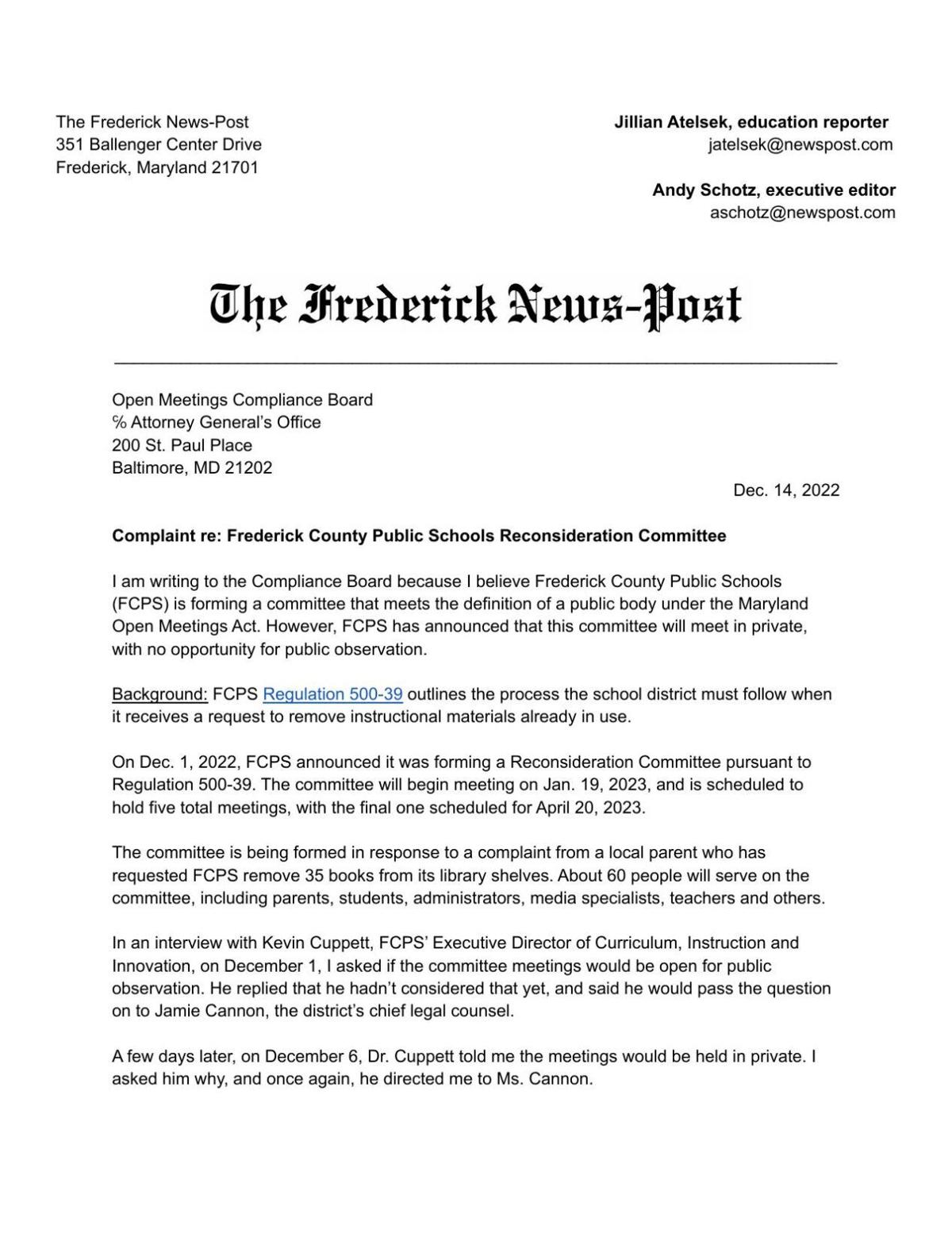 Open Meetings Act Complaint Fredericknewspost Open Meetings Act Complaint Fredericknewspost