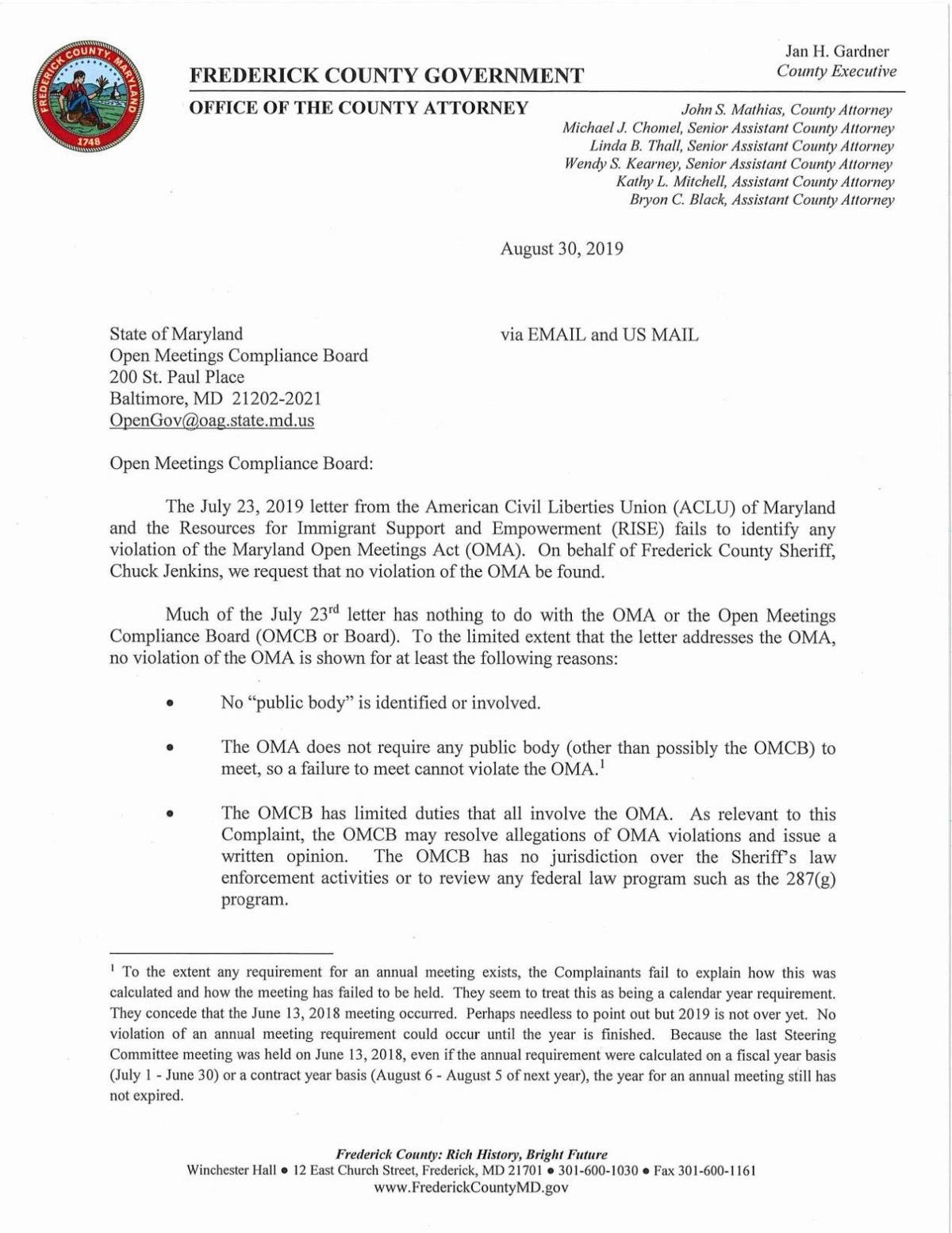 County Attorney Opinion On 287 G Moa And Open Meetings Fredericknewspost Com