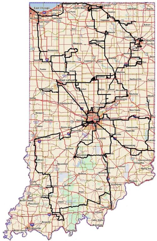 Map of Indiana Fiber Network fiber route miles