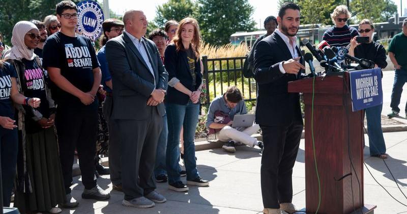 Abdul El-Sayed, winner of Michigan U.S, Democratic primary, speaks during a press conference in Detroit,