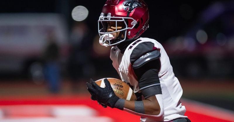 St. Joseph's Prep wide receiver Jett Harrison catches a pass in the end zone to score an 19-yard touchdown reception in the first half of the PIAA Class 6A football championship game against Central Catholic at Cumberland Valley High School, Saturday, Dec. 7, 2024, in Silver Spring Township, Pa.