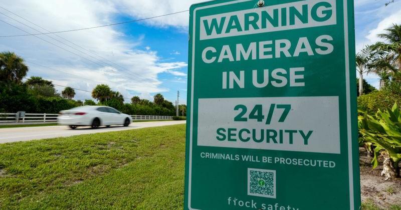 An automated solar-powered camera, often referred to as a Flock camera, is seen near The Moorings Yacht and Country Club in the right of way of State Road A1A, Sept. 1, 2026, in Vero Beach.