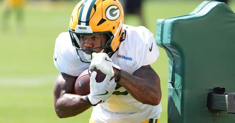 Green Bay Packers running back Jaden Nixon participates in a drill during the fifth day of training camp on Aug. 3, 2026, at Ray
