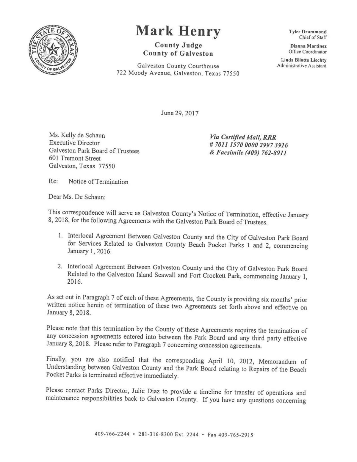 Galveston County letter to the Galveston Park Board of Trustees Local