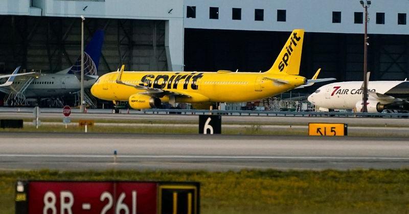 Spirit Airlines aircrafts sit at Miami International Airport in Florida