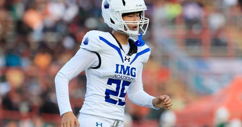 IMG Academy's Ryan Jung (25) runs off the field after kicking a point after try during the first quarter of a high school football matchup at Mandarin High School, Friday, Sept. 19, 2025, in Jacksonville, Fla. The IMG Academy Ascenders defeated the Mandarin Mustangs 57-7.