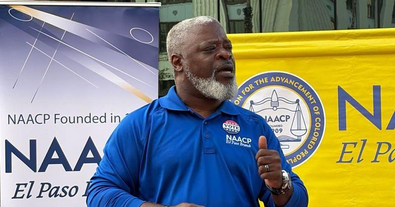 NAACP El Paso Branch President Carl B. Dwyer Jr. speaks at a news conference in front of the El Paso County courthouse on Oct. 26, 2026, against the Ku Klux Klan's legacy of racial violence and condemns the wearing of KKK robes as costumes at an El Paso teen gathering.
