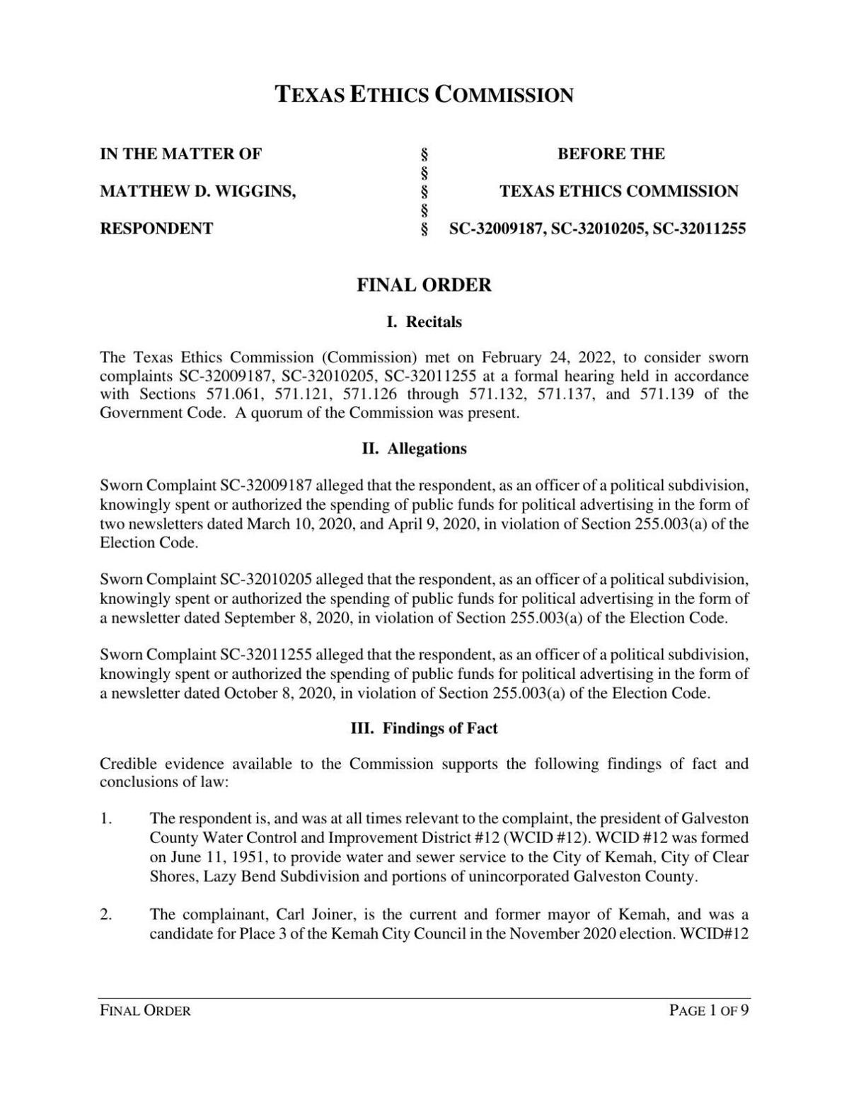 Texas Ethics Commission Final Order The Daily News