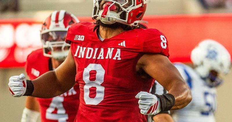 Indiana's Stephen Daley (8) celebrates during the Indiana versus Indiana State football game at Memorial Stadium on Friday, Sept. 12, 2025.