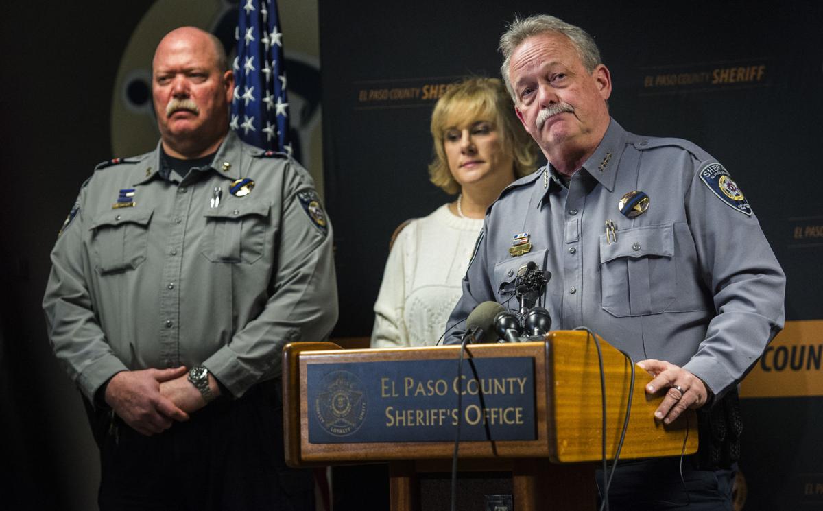 El Paso County Sheriff Bill Elder speaks during a press conference at the the El Paso County Sheriffâs Office in Colorado Springs, Colo., Tuesday, Feb. 6, 2018, reguarding the Mondayâs shooting that left deputy Micah Flick dead and three other law enforcement officers wounded during an investigation of a motor vehicle theft in a Colorado Springs apartment complex. The suspect was killed and one citizen injured. (The Gazette, Christian Murdock)
