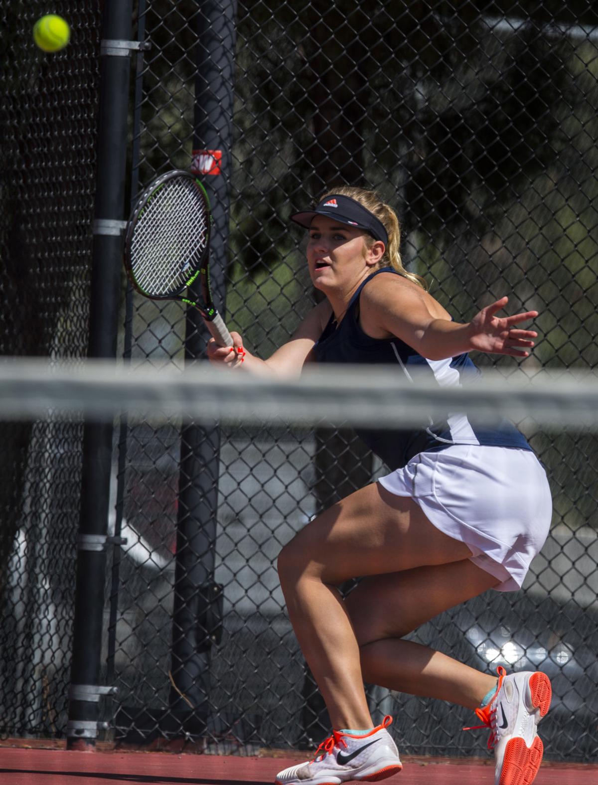 Palmer Ridge’s Ciara Bobak returns a volley during the No. 2 Doubles finals Saturday, May 13, 2017, at the 4A State Tennis Championships in Pueblo. Cheyenne Mountain’s Arianna Arenson and Taylor Heinicke defeated Palmer Ridge’s Bali Fitzpatrick and Ciara Bobak 6-4, 6-1. (The Gazette, Christian Murdock)