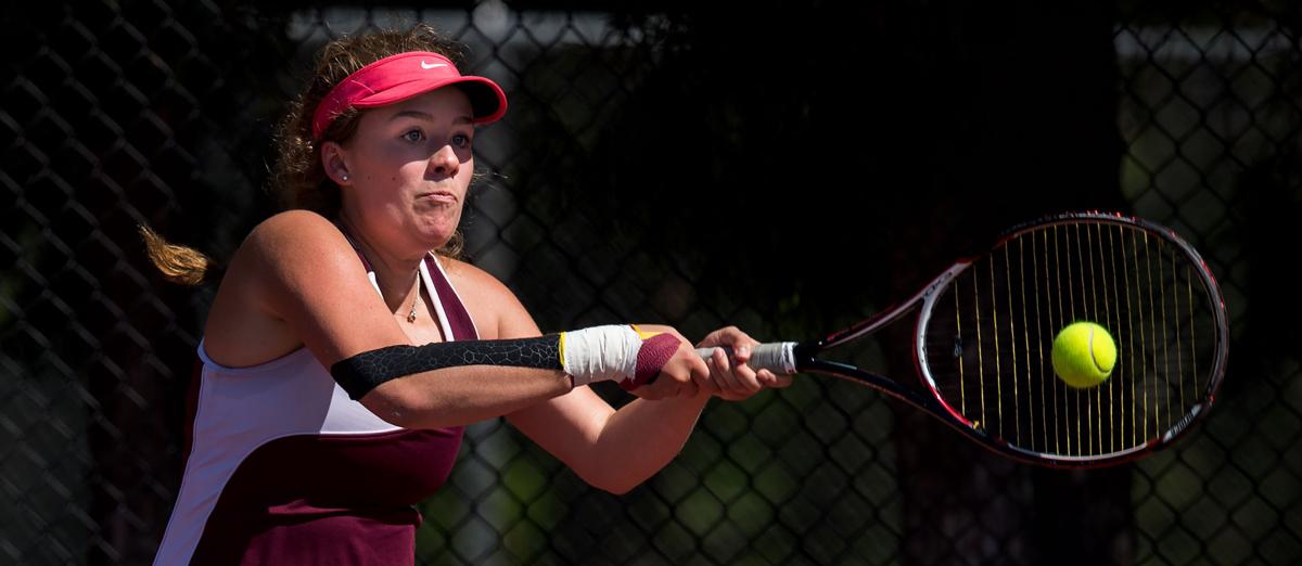 Cheyenne Mountain’s Claire Dibble returns a volley against Kent Denver’s Natalie Bronsdon during their No. 3 Singles semifinals match Friday, May 13, 2016, at the 4A State Girls Tennis Championships at Pueblo City Park. Dibble lost to Bronsdon 3-6, 2-6. . (The Gazette, Christian Murdock)