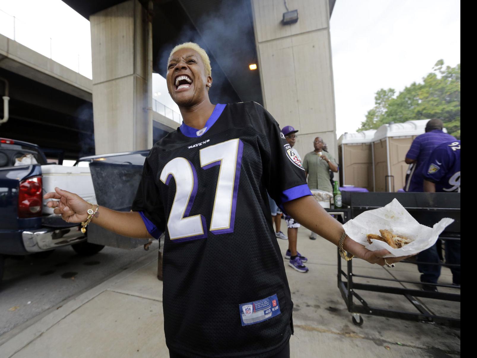 Ravens fans, men and women, wear No 27 for Rice, Sports