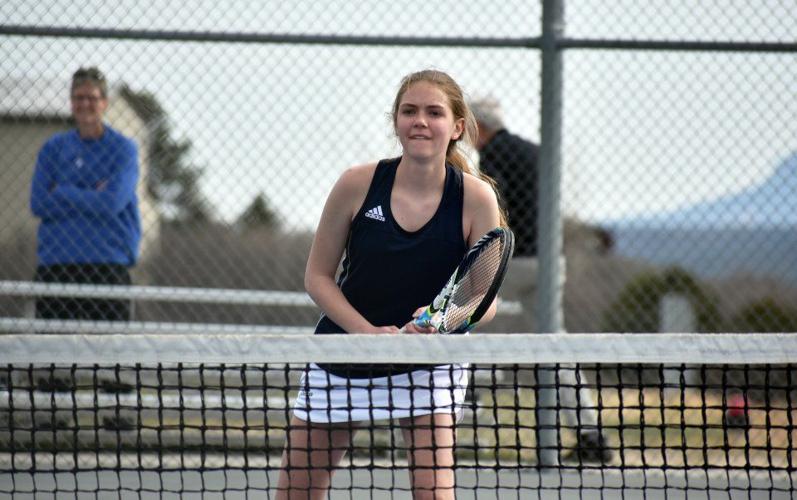 Palmer Ridge freshman Tessa Rothwell waits for a serve against Air Academy in a No. 2 doubles match on Tuesday, April 10, 2018 in Monument. (Lindsey Smith, The Gazette)